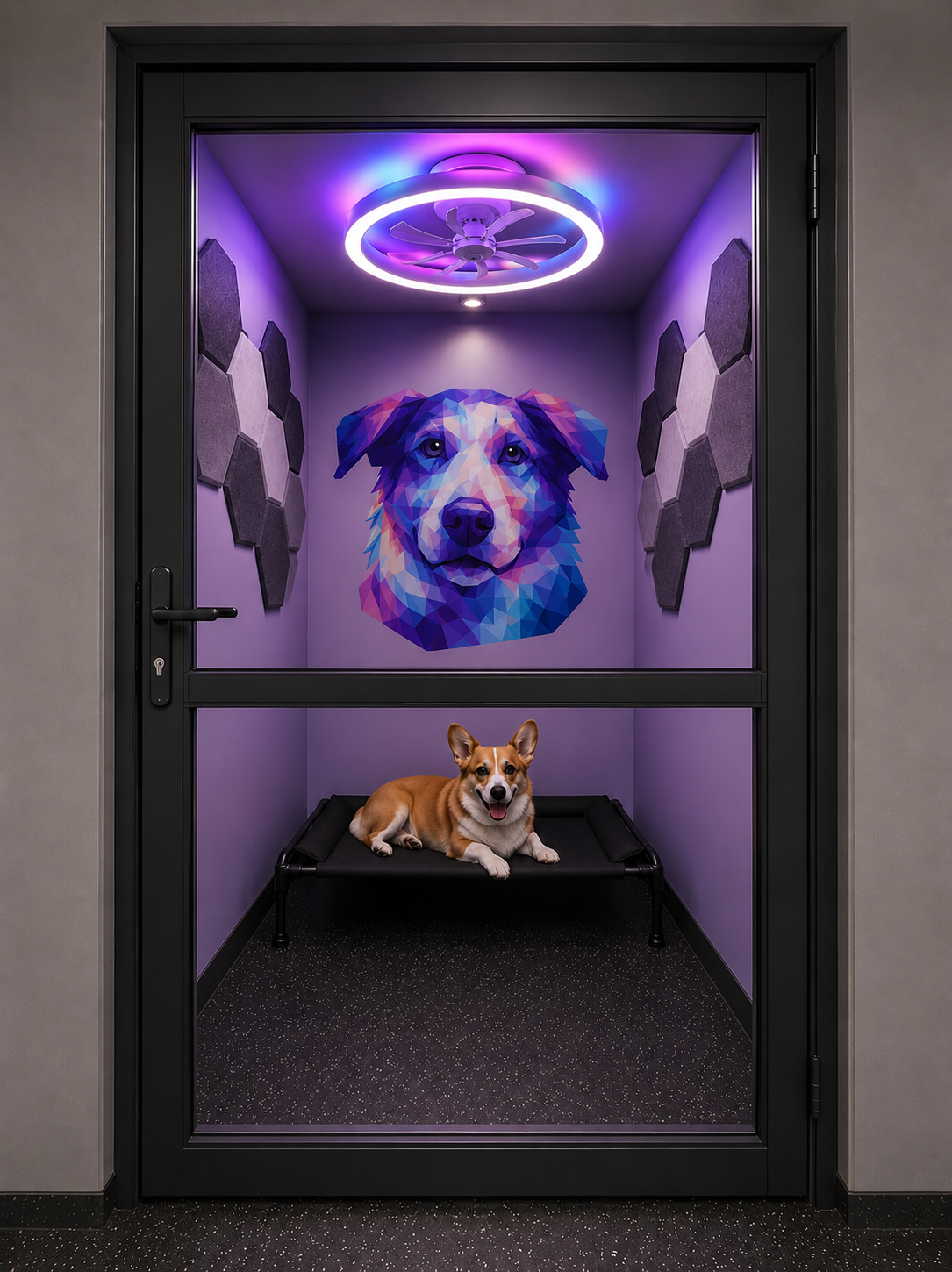 Cozy overnight boarding suite for dogs at Latte's Landing hotel