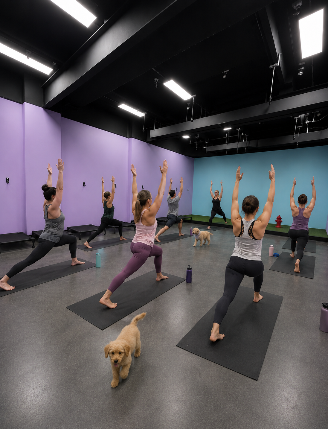 Dogs enjoying indoor recreation, agility, and fitness play space at Latte's Landing