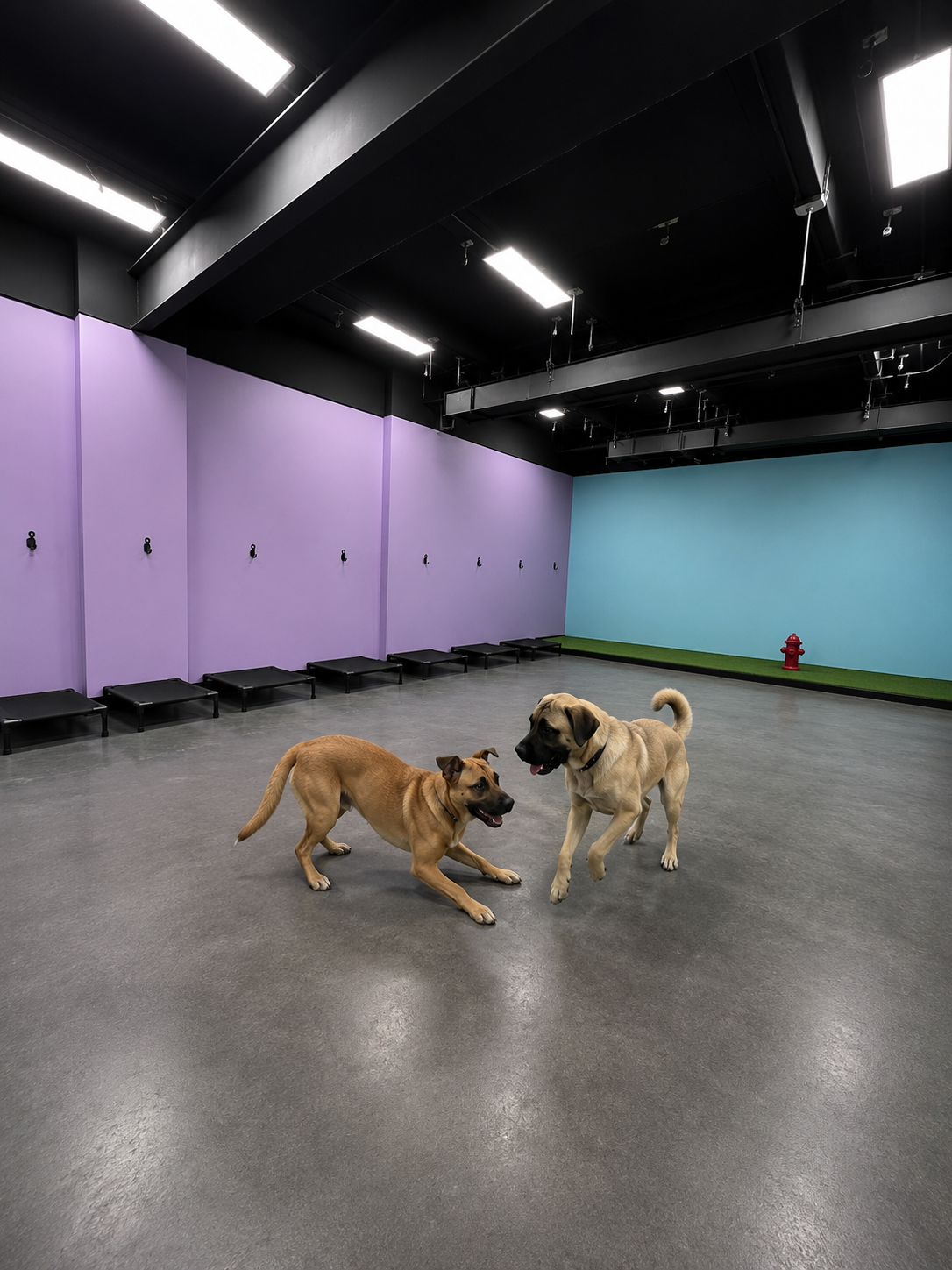 Dogs playing together in a structured daycare group at Latte's Landing